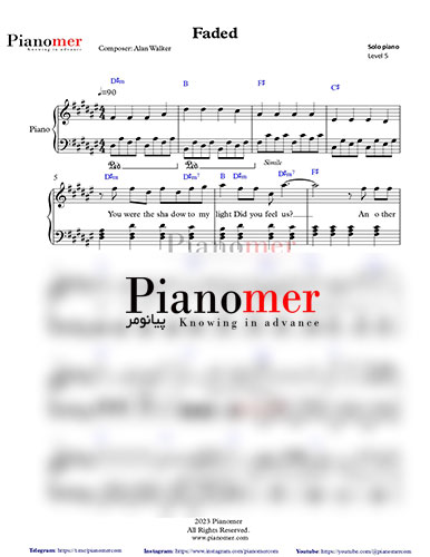 نت پیانو Faded از آلن واکر به همراه آکورد و متن ترانه | پیانومر